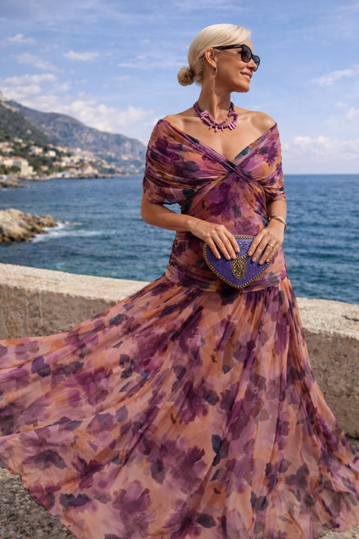 Women's V-Neck Chiffon Maxi Cocktail Party Dress Pleated Waist - Enchanted Garden