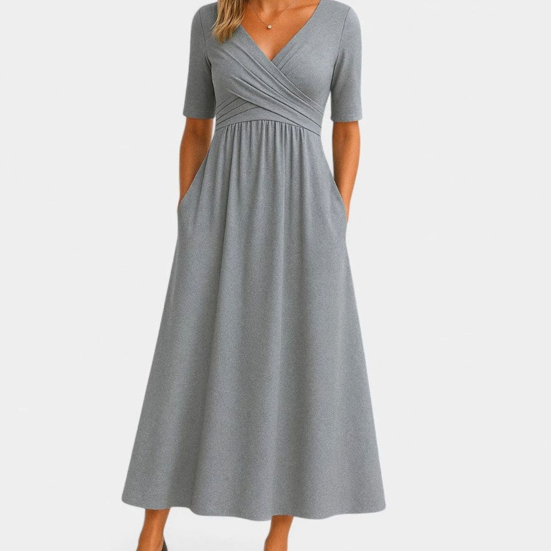 Women's V-Neck Cross-Front A-Line Midi Summer Dress Pockets - Gray