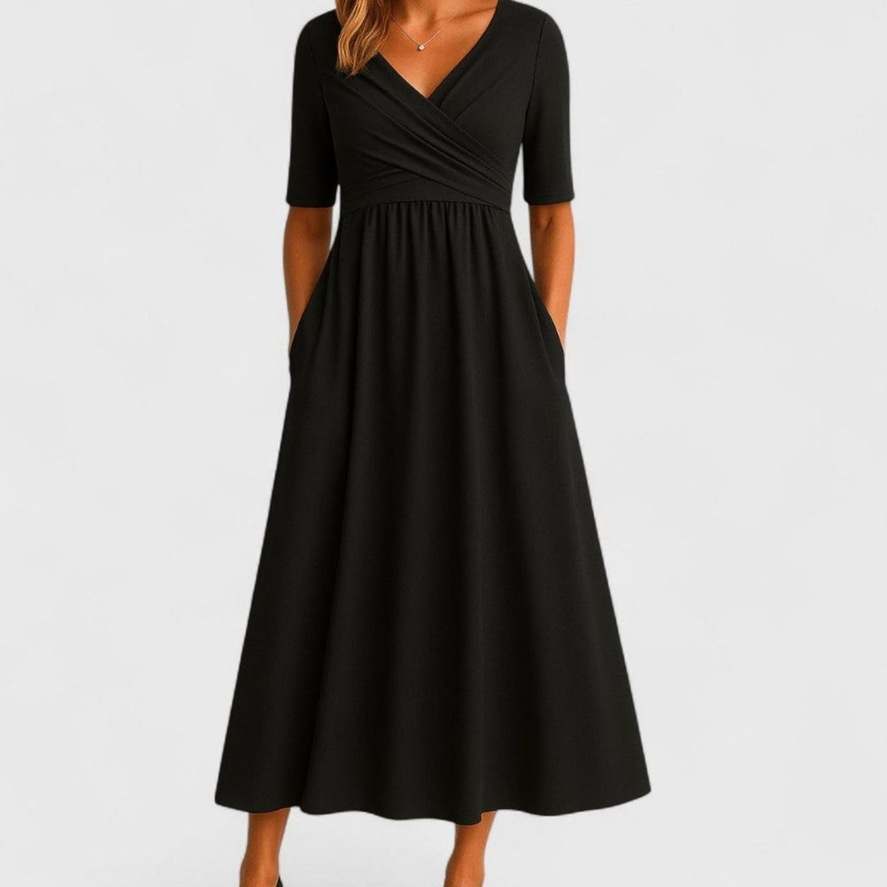 Women's V-Neck Cross-Front A-Line Midi Summer Dress Pockets - Black