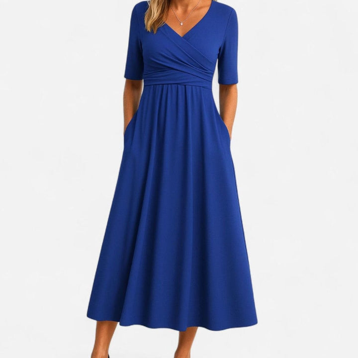 Women's V-Neck Cross-Front A-Line Midi Summer Dress Pockets - Blue
