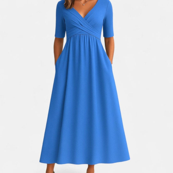 Women's V-Neck Cross-Front A-Line Midi Summer Dress Pockets - Azure Blue
