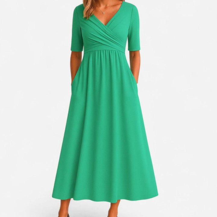 Women's V-Neck Cross-Front A-Line Midi Summer Dress Pockets - Green