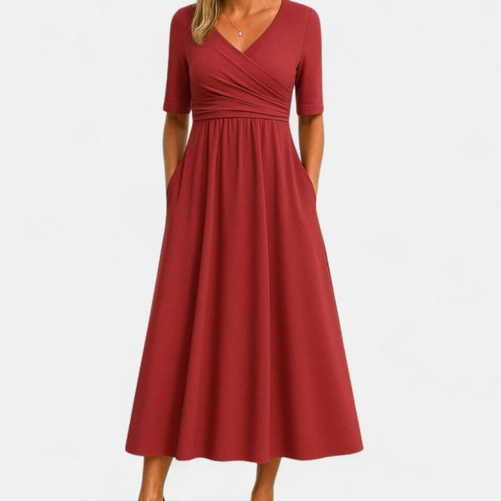 Women's V-Neck Cross-Front A-Line Midi Summer Dress Pockets - Red