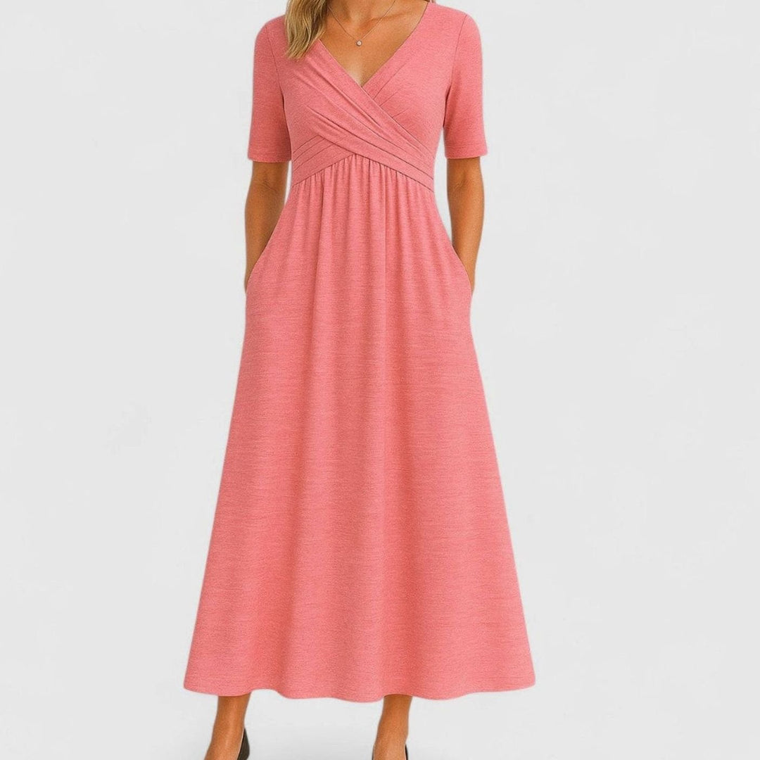 Women's V-Neck Cross-Front A-Line Midi Summer Dress Pockets - Pink