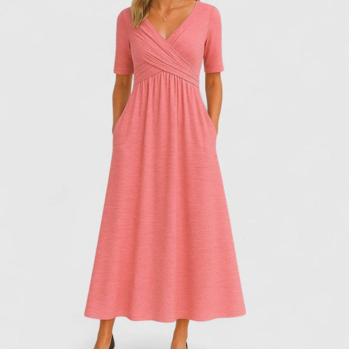 Women's V-Neck Cross-Front A-Line Midi Summer Dress Pockets - Pink