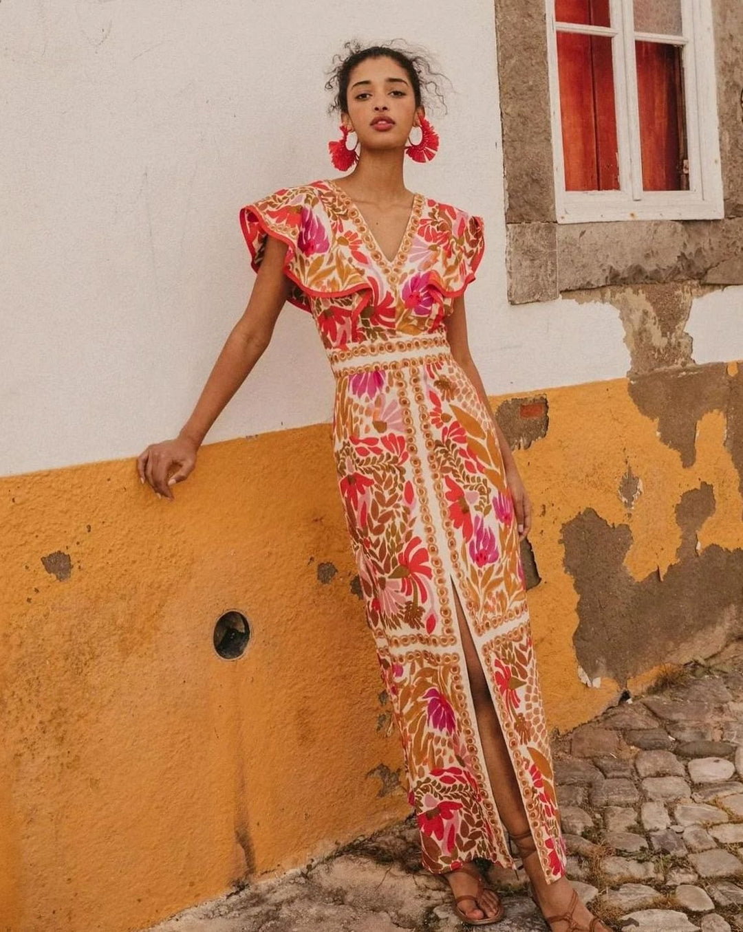 Women's V-Neck Flutter-Sleeve Floral Maxi Dress Slit