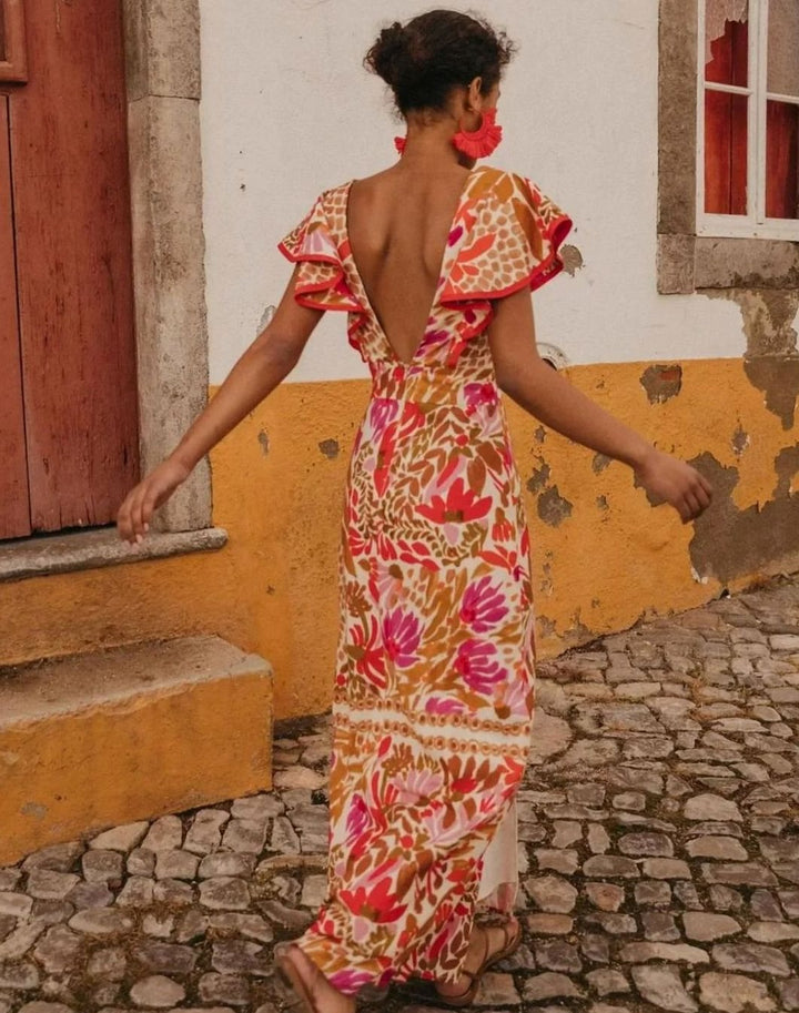 Women's V-Neck Flutter-Sleeve Floral Maxi Dress Slit