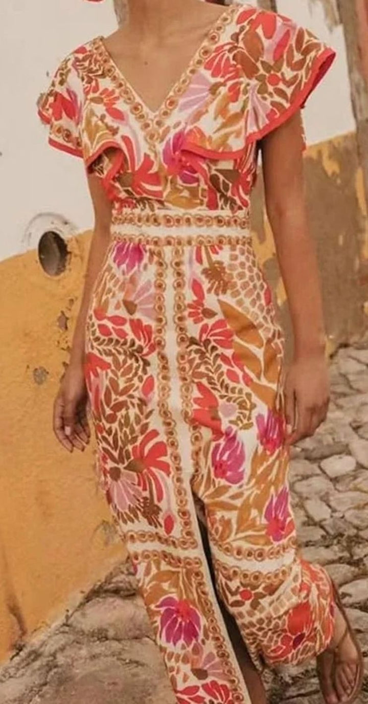 Women's V-Neck Flutter-Sleeve Floral Maxi Dress Slit
