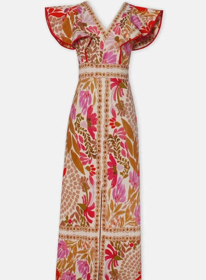 Women's V-Neck Flutter-Sleeve Floral Maxi Dress Slit - Red Floral