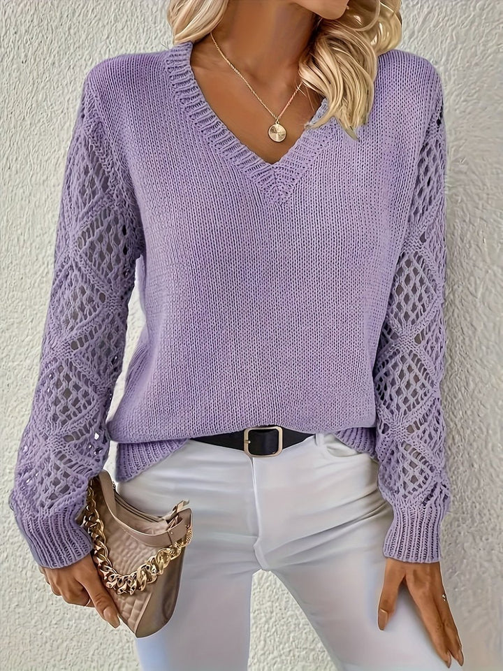 Women's V-Neck Hollow Sleeve Knit Sweater - Purple