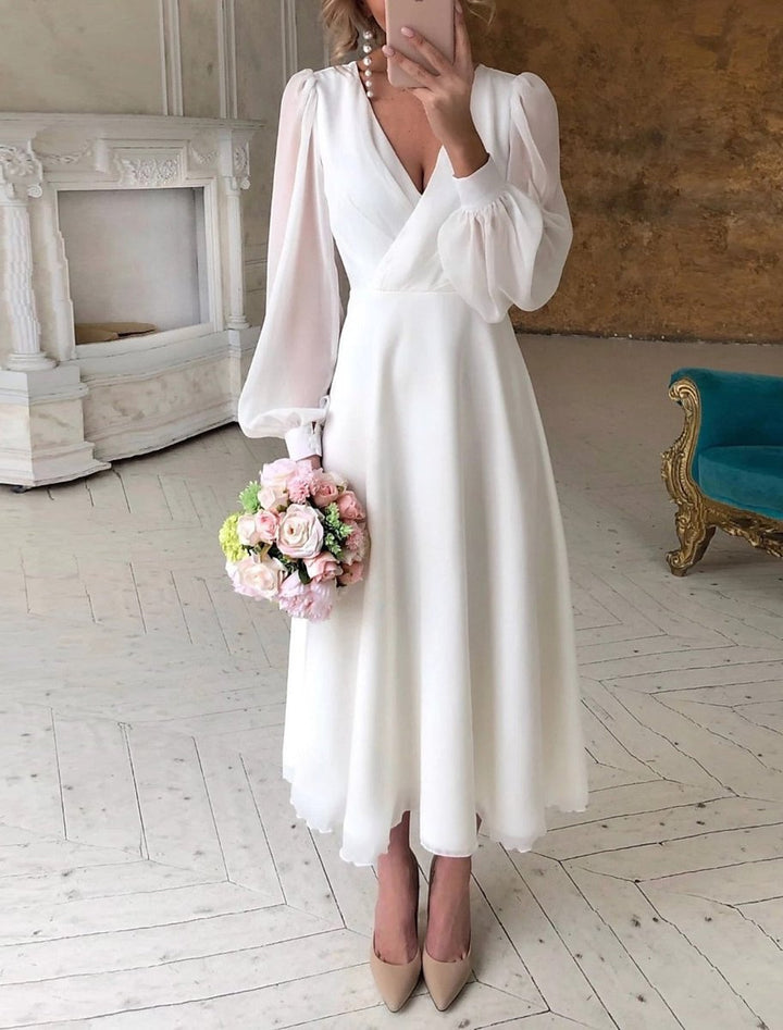 Women's V-Neck Puff Long Sleeve Dress A-Line Midi Wedding - White