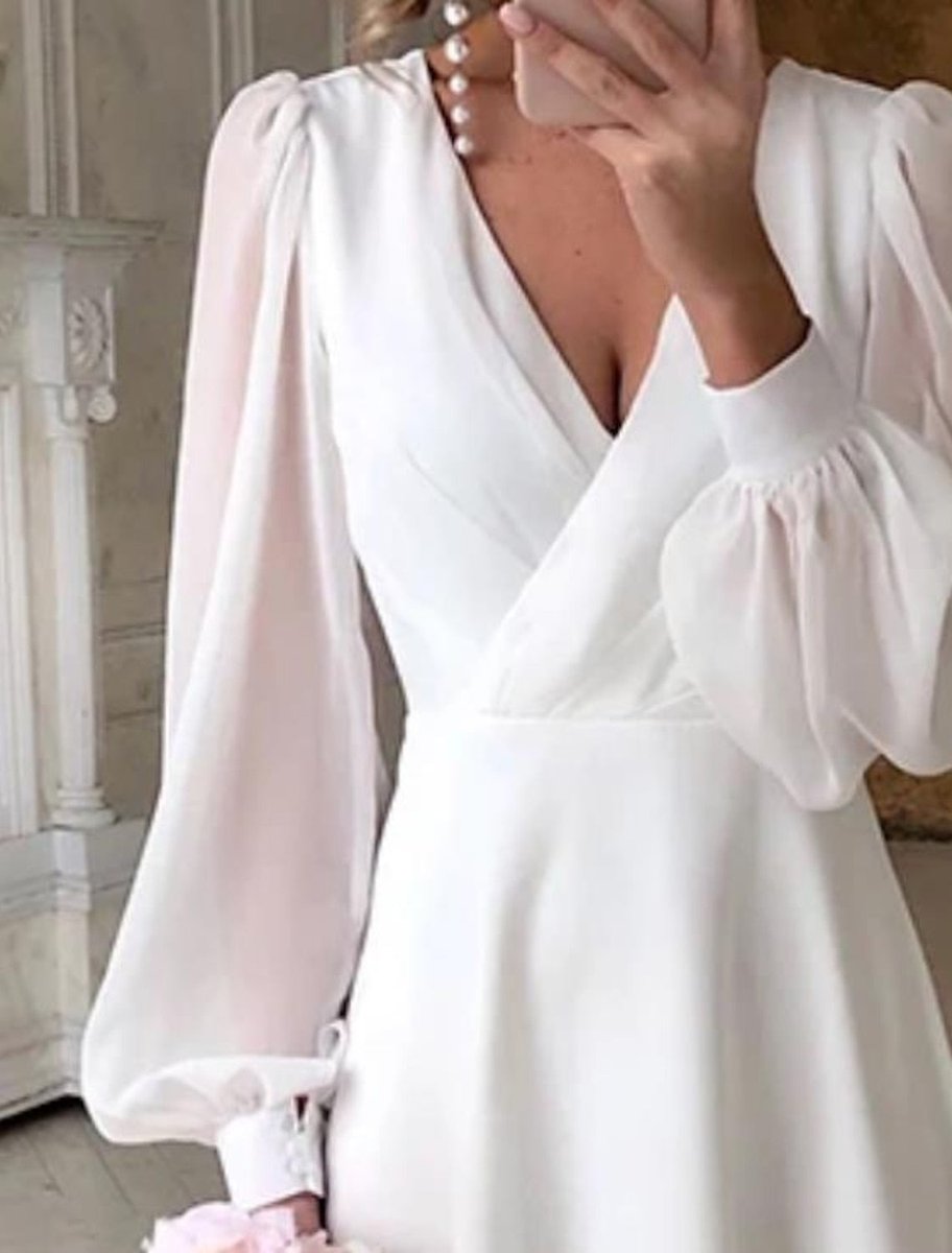 Women's V-Neck Puff Long Sleeve Dress A-Line Midi Wedding