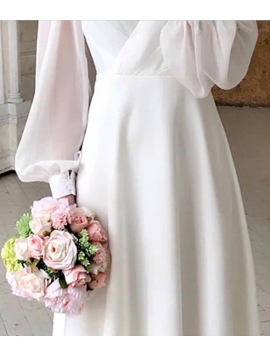 Women's V-Neck Puff Long Sleeve Dress A-Line Midi Wedding