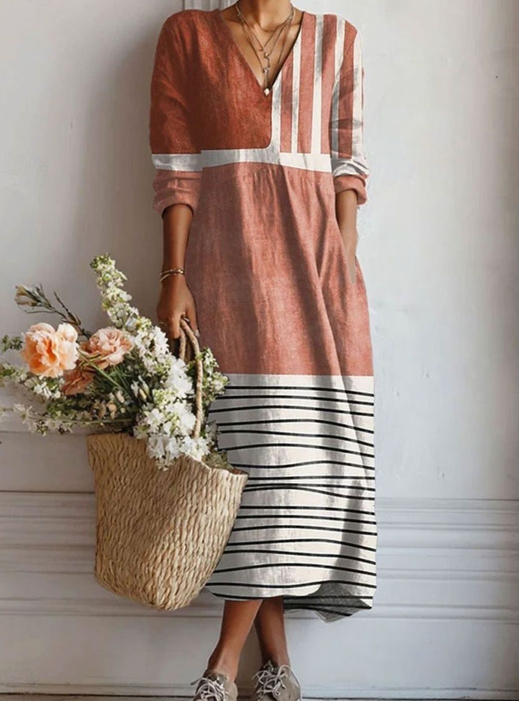 Women's V-Neck Striped Colourblock Long-Sleeve Maxi Day Dress - Dress