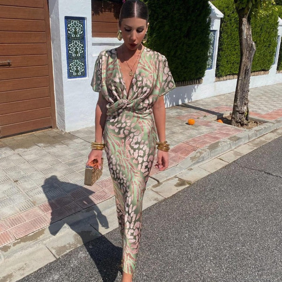 Women's V-Neck Twist-Front Midi Cocktail Party Dress Animal Print