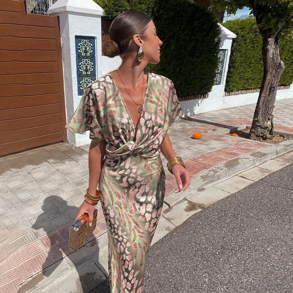 Women's V-Neck Twist-Front Midi Cocktail Party Dress Animal Print