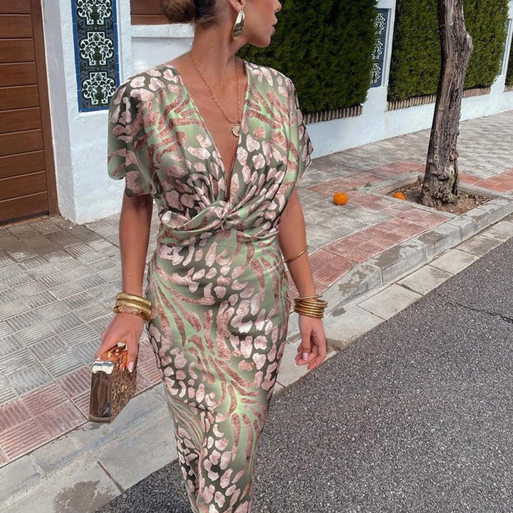 Women's V-Neck Twist-Front Midi Cocktail Party Dress Animal Print