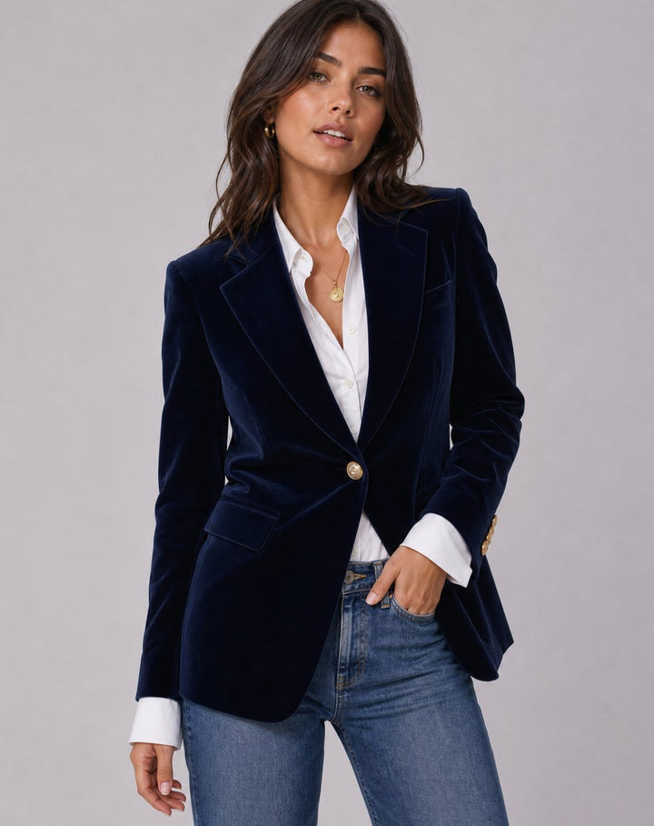 Women's Velvet Gold-Button Structured Slim-Fit Blazer - Dark Blue