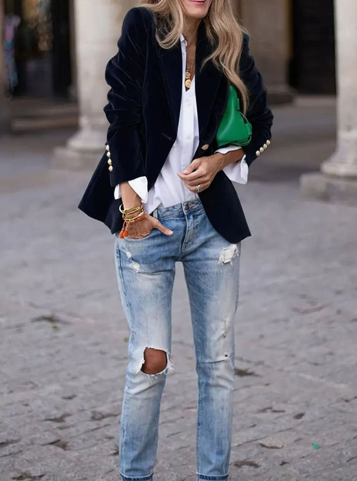 Women's Velvet Gold-Button Structured Slim-Fit Blazer