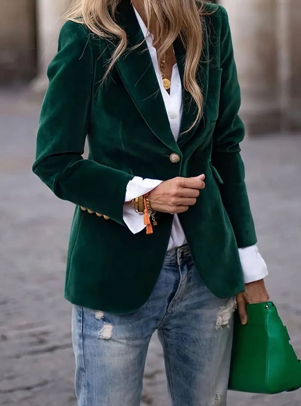 Women's Velvet Gold-Button Structured Slim-Fit Blazer - Green