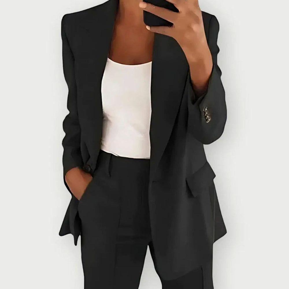 Women's Vest Tailored Single-Button Blazer Pants Suit Set - Black