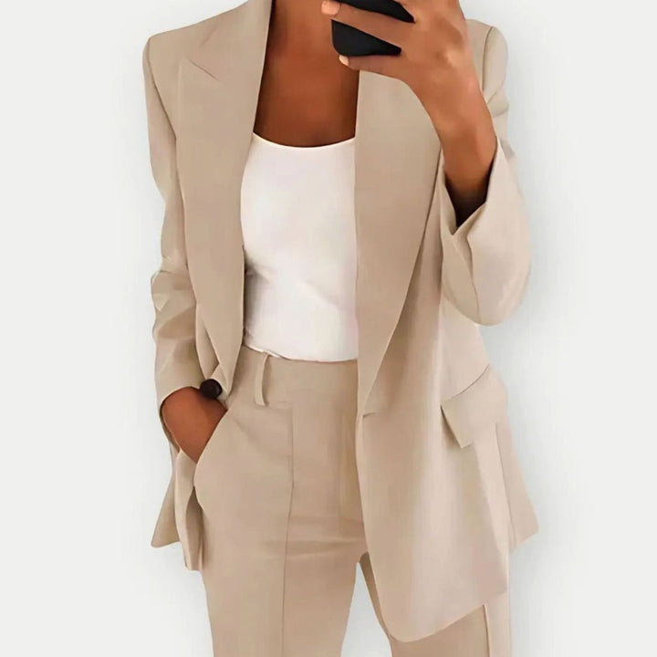 Women's Vest Tailored Single-Button Blazer Pants Suit Set - Beige