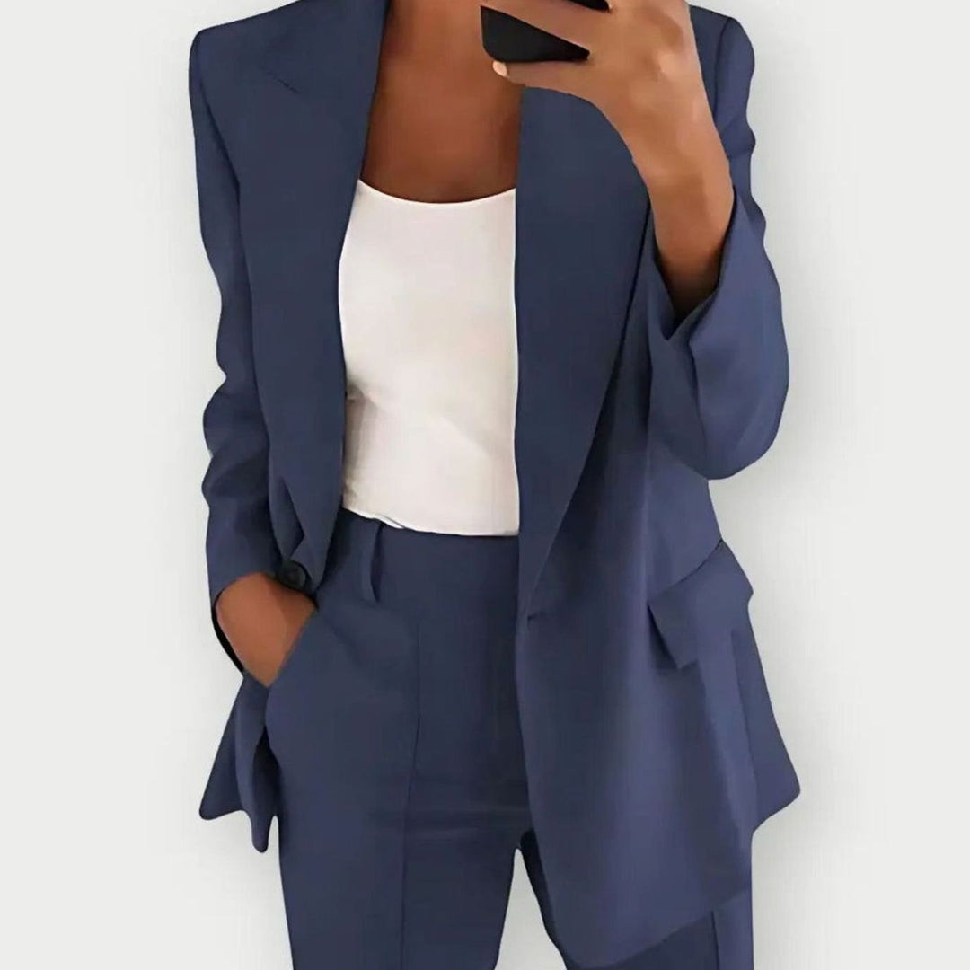 Women's Vest Tailored Single-Button Blazer Pants Suit Set - Dark Blue