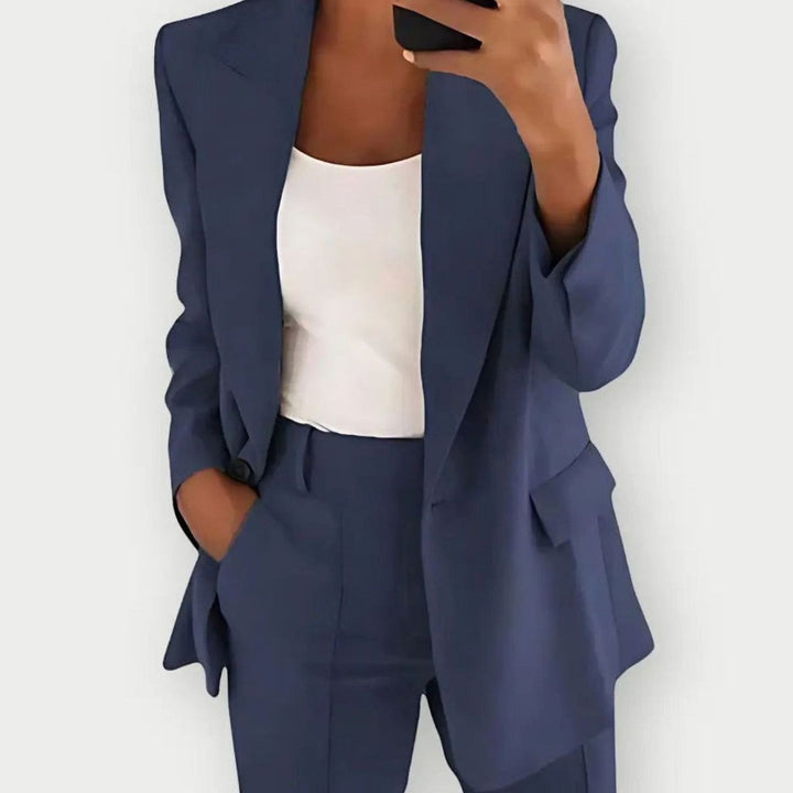Women's Vest Tailored Single-Button Blazer Pants Suit Set - Dark Blue