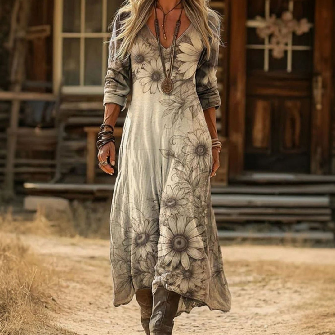 Women's Vintage Floral Boho Dress Long Sleeve V-Neck Maxi - Multicolor