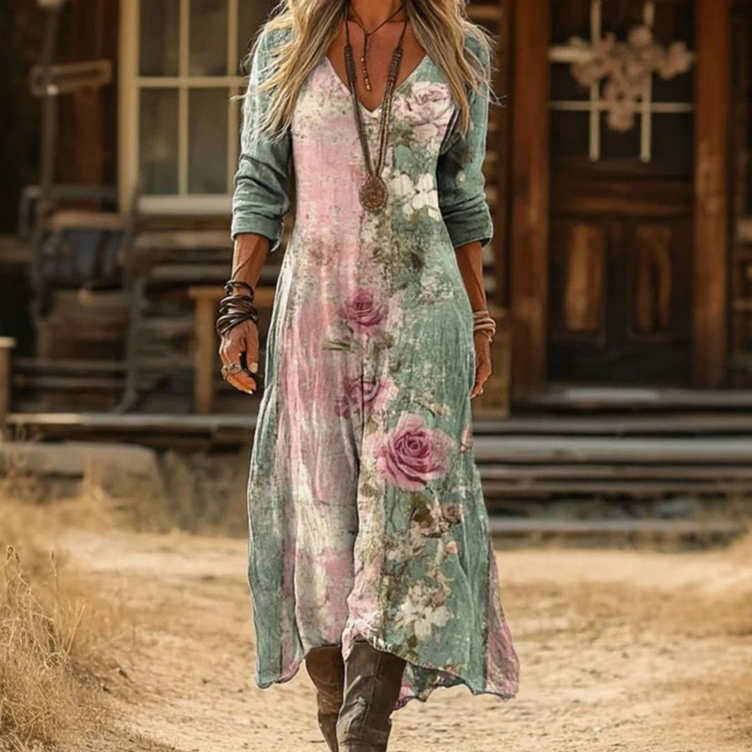 Women's Vintage Floral Long Sleeve Relaxed-Fit Occasion Dress - Multicolor