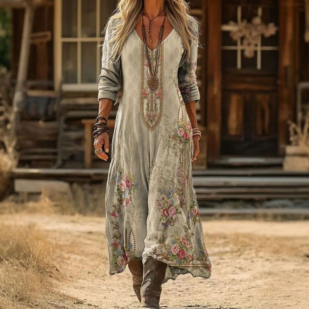 Women's Vintage Floral V-Neck Long Sleeve Occasion Dress - Multicolor