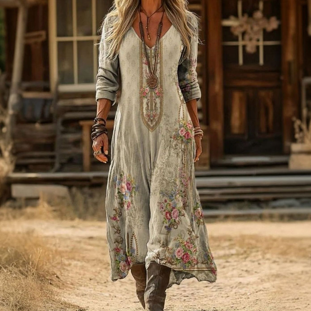 Women's Vintage Floral V-Neck Long Sleeve Occasion Dress