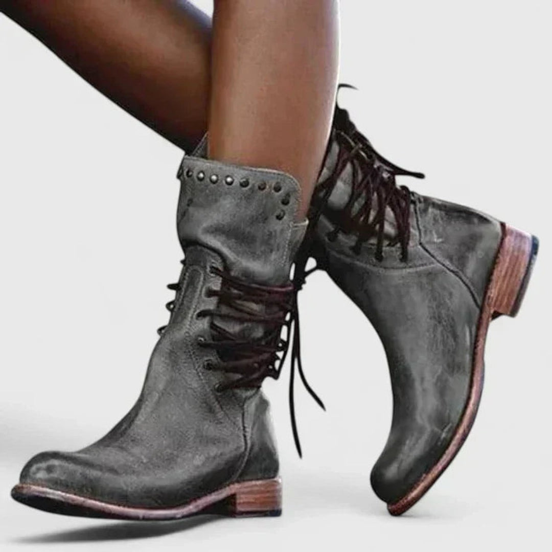 Women's Vintage Lace-Up Studded Knee High Boots Block Heel - Grey