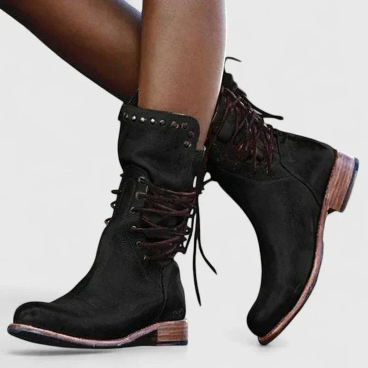 Women's Vintage Lace-Up Studded Knee High Boots Block Heel - Black