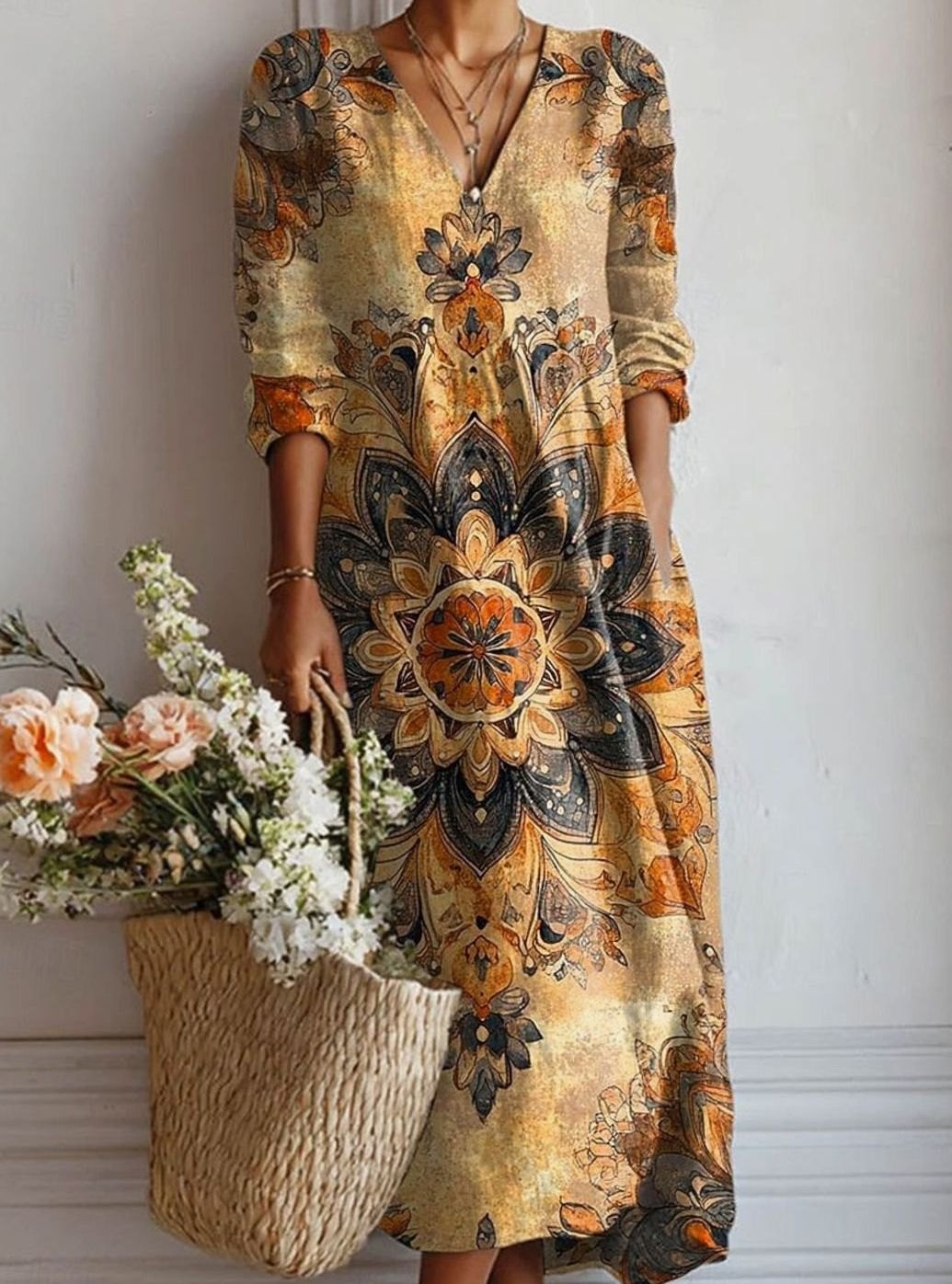 Women's Vintage Mandala Floral V-Neck Long-Sleeve Day Dress - Dress