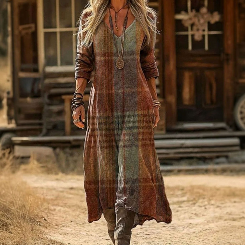Women's Vintage Plaid Long Sleeve Maxi Occasion Dress