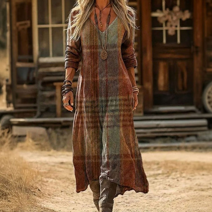 Women's Vintage Plaid Long Sleeve Maxi Occasion Dress