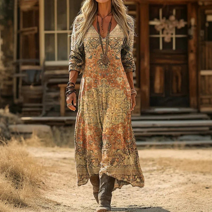 Women's Vintage-Print Relaxed-Fit V-Neck Long Sleeve Dress - Yellow