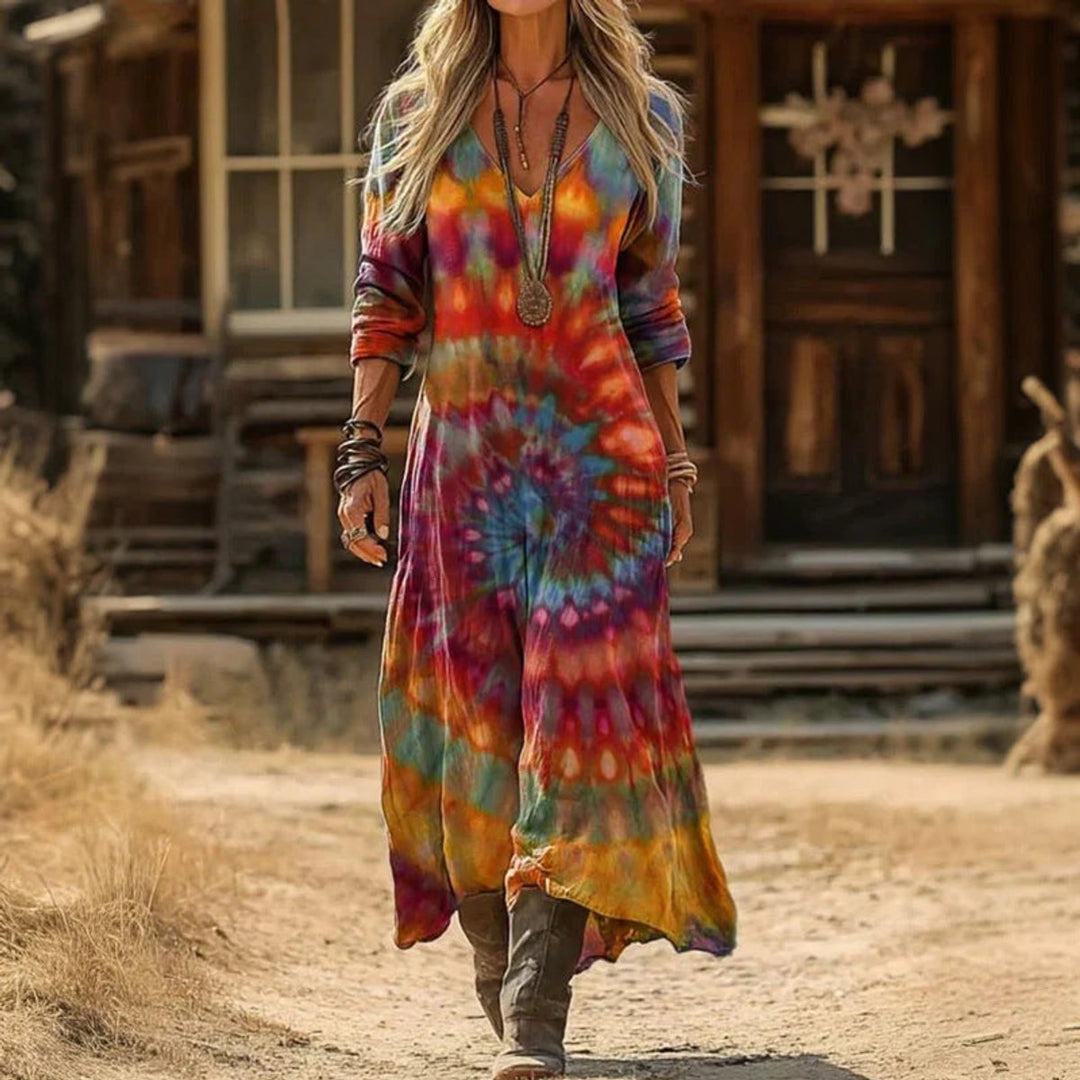 Women's Vintage-Print Relaxed-Fit V-Neck Long Sleeve Dress - Multicolour