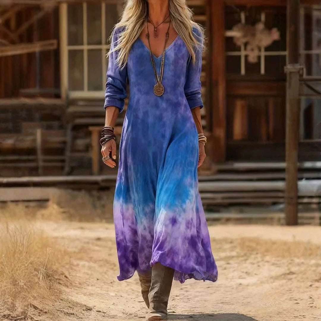 Women's Vintage-Print Relaxed-Fit V-Neck Long Sleeve Dress - Blue