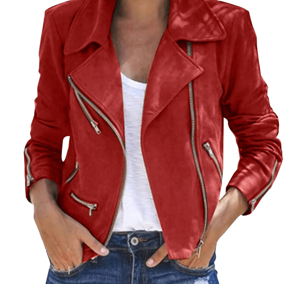Women's Vintage Suede Moto Zip-Up Biker Jacket - Red