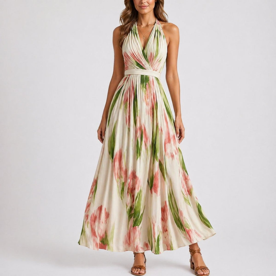 Women's Watercolour Floral Halter Neck Maxi Fall Wedding Guest Dress - Floral