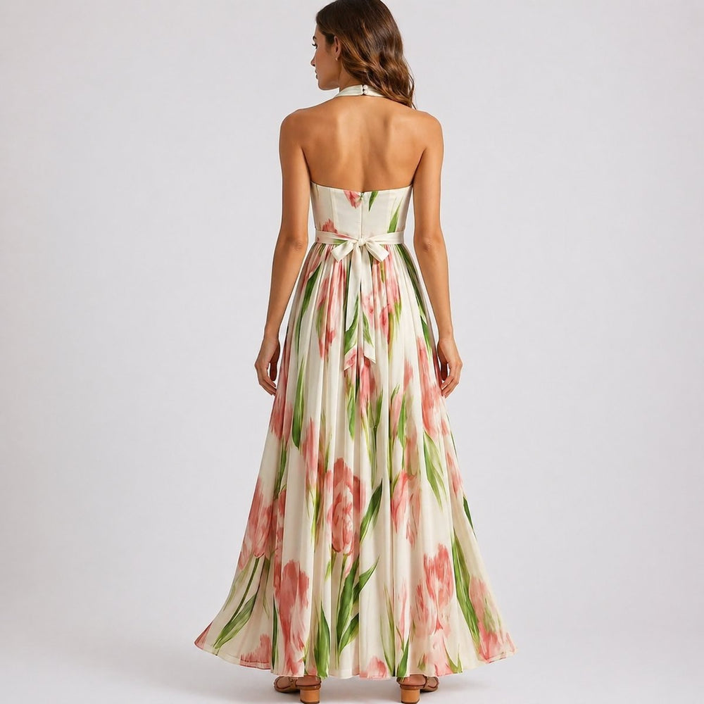 Women's Watercolour Floral Halter Neck Maxi Fall Wedding Guest Dress