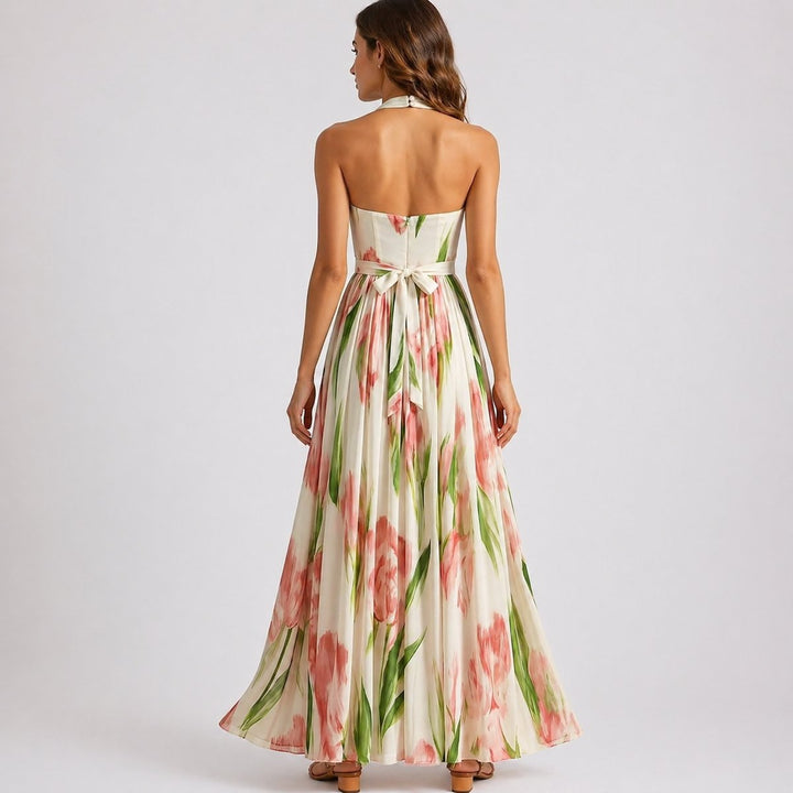Women's Watercolour Floral Halter Neck Maxi Fall Wedding Guest Dress