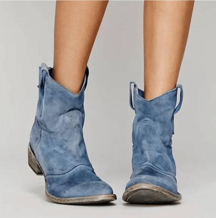Women's Western-Inspired Suede Ankle Boots Flat Heel - Blue