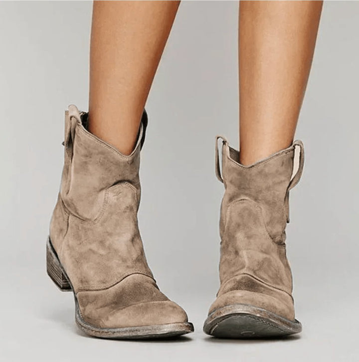 Women's Western-Inspired Suede Ankle Boots Flat Heel - Brown