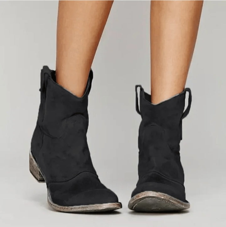 Women's Western-Inspired Suede Ankle Boots Flat Heel - Black