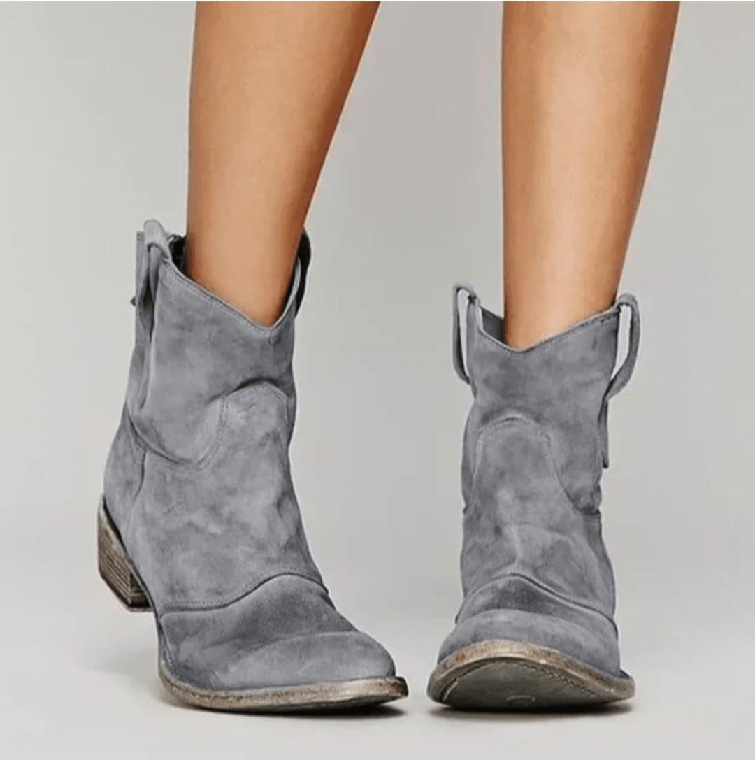 Women's Western-Inspired Suede Ankle Boots Flat Heel - Grey