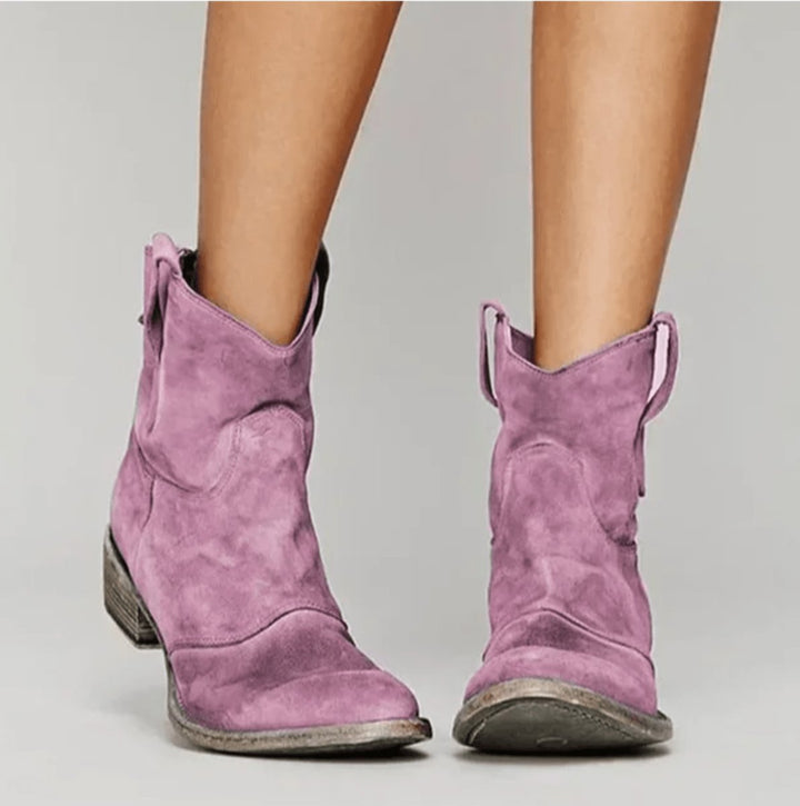 Women's Western-Inspired Suede Ankle Boots Flat Heel - Pink