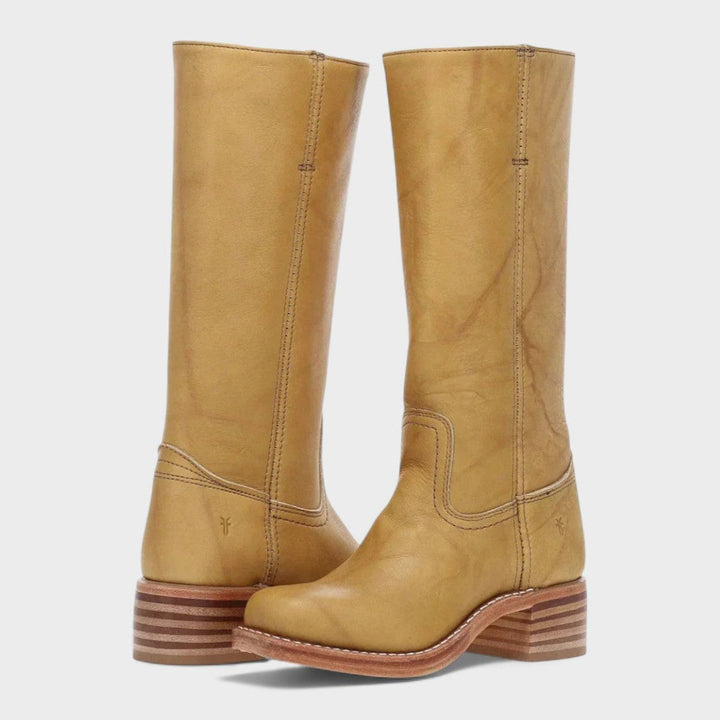 Women's Western Leather Knee High Boots Block Heel - Yellow